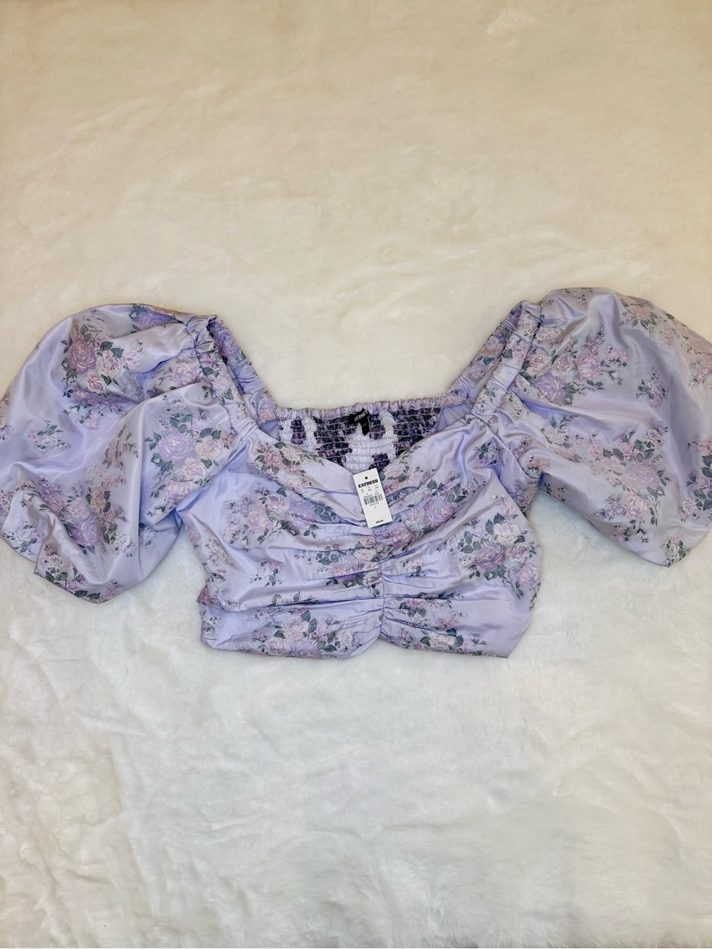 Express Lilac Floral Puff-Sleeve Crop Top